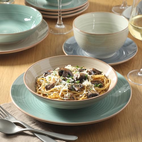 Image of Gibson Home Stonebury 16 Piece Plates and Bowls Assorted Color Dishes - Handpainted Stoneware Dinnerware Set - Service for 4