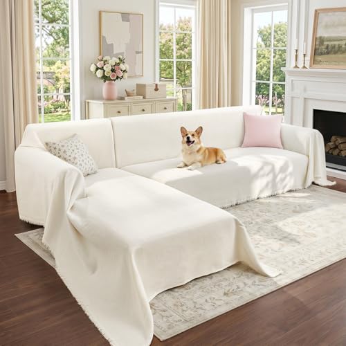 Sectional Couch Covers, 2 Pieces Chenille Sofa Cover L Shaped Couch Cover Blanket for Dogs Washable Sofa Slipcovers Pet Furniture Protector (X-Large: 71" x 110" + 71" x 118", Beige)