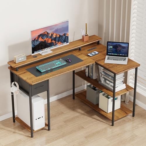 【左右組み替え可能&USBタップ付き】VARNIC ゲーミングデスク パソコンデスク L字型 pcデスク オフィスデスク 115cm長さ*80cm奥行*75cm高さ モニター台付き 可動式棚板 引き出し付き 調整可能な脚 省スペース おしゃれ 勉強机 L字デスク 組み立て簡単 頑丈 テレワーク リモートワーク ゲーミング (ブラウン, 115*80*75cm) [2]