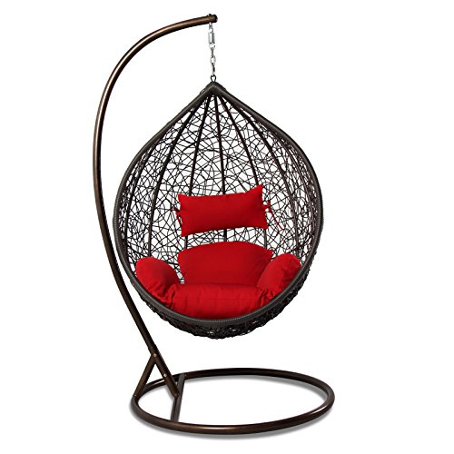 Island Gale Hanging Basket Chair Outdoor Front Porch Furniture With Stand And Cushion (Brown Wicker, Red Cushion) #TOP2