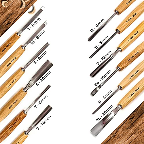 Schaaf Wood Carving Tools Complete Collection | The 12 Piece Foundation Set, 7 Piece Expansion Set, and 4 Piece Detail Set | 23 gouge Profiles Total