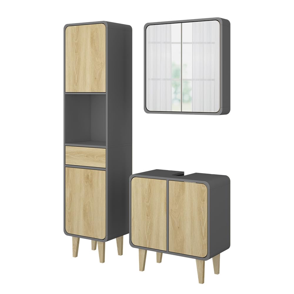 Vicco Set di mobili da bagno Arla, Antracite/quercia, 60 cm, composto da mobile sottolavabo, specchiera e colonna alta