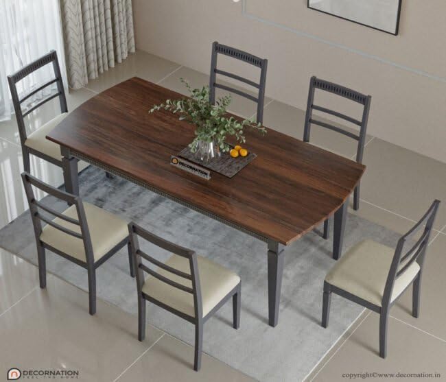 Image of DecorNation Valencia Solid Wooden 6 Seater Dining Table Set with Chairs | Large Rectangular Dining Table | Ergonomic Backrest Chairs | Modern Dining Furniture for Home