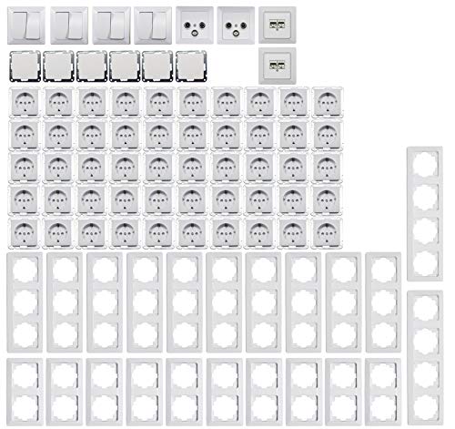 MILOS Steckdosen Schalter Unterputz Komplettset 94-teilig UP-Steckdosen Wechselschalter Netzwerk TV Antenne mit Rahmen Matt Weiß
