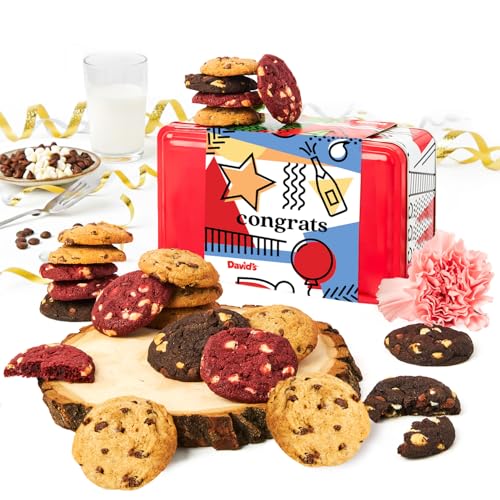 David’s Cookies Congratulations Mini Cookies Gift Tin – 14oz Fresh Baked Assorted Cookie Bites in Chocolate Chip, White Chocolate Chip &amp; Red Velvet – Dessert Gift for Celebrations &amp; Special Occasions
