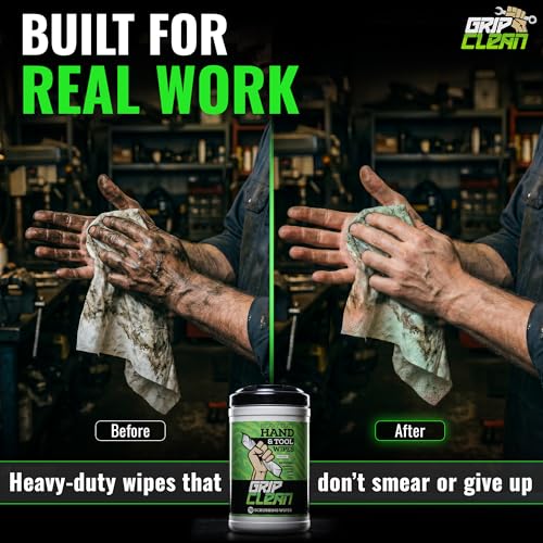Image of Grip Clean Heavy Duty Hand & Tool Cleaning Wipes - Waterless Hand Cleaner for Mechanics, Garage & Shop Use - Dual-Sided Grease, Oil & Paint Remover Wipes with Citrus Scent - 72ct