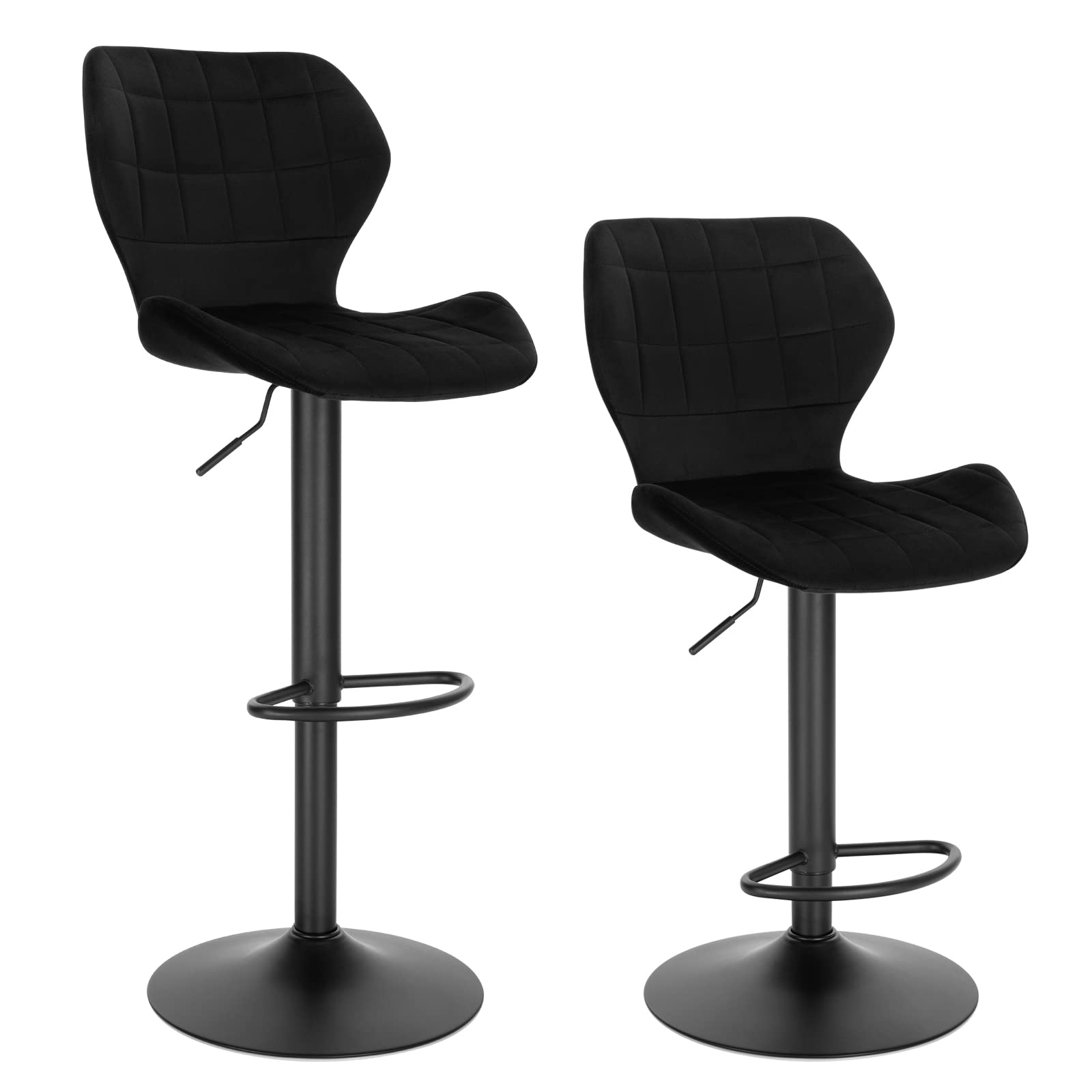 WOLTU Barhocker 2er Set höhenverstellbarer Hocker 60-82 cm 360° Drehstuhl mit Rückenlehne Fußstütze Barstuhl aus Samt Metall Stehhocker Schwarz BH324sz-2