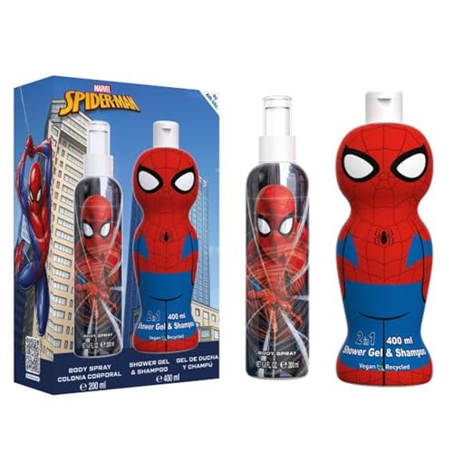 Spiderman Scent Gift Set Includes Natural Eau de Cologne Body Spray (200ml) and Children Hair and Body Wash 2 in 1 Shower Gel and Shampoo (400ml), Vegan Gift Set for Kids