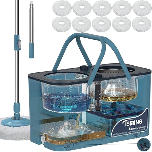 Mops und Eimer für Bodenreinigung, 360° drehbarer Mopp und Eimer mit Trennung von schmutzigem und sauberem Wasser, 4-Kammer-Wischeimer mit Auswringer-Set für Zuhause, mit 10 Ersatz-Moppköpfen, 4 x Rad