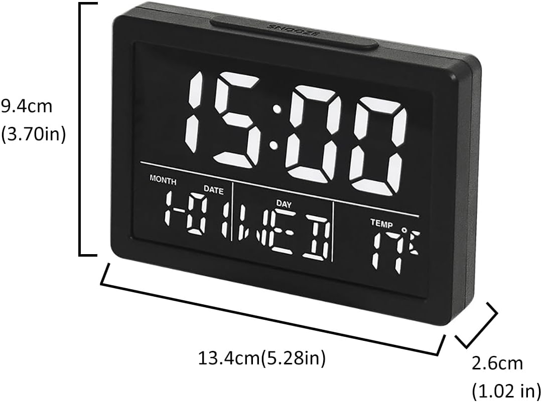 Lancoon Digital Alarm Clock with dimensions labeled: 9.4cm (3.70in) height, 13.4cm (5.28in) width, 2.6cm (1.02in) depth.