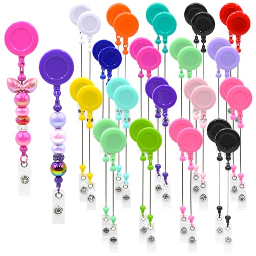 15pcs Colorful Beadable Badge Reels Making Kits - Beaded Blank Bars Bulk - Retractable Badge Reel with Belt Clip for ID Name DIY Gift Beadable Items for Nurses Teachers Students Office Workers
