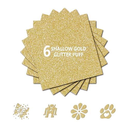 Image of 3D Puff Glitter HTV, 6-Pack 12 inchx10 inch Sheets. Iron-On Vinyl for Fabrics, Compatible with Cricut & Cameo for Easy DIY T-Shirts & Crafts. (Champagne Glod Glitter Puff, 12 inch x 10 inch)