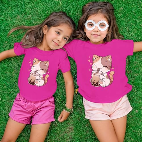 Image of KEEVICI Cute Cat Shirts for Girls Graphic Tees Bubble Tea Tshirt Kids Kawaii Cartoon Animal Print T Shirt Summer Cotton Tops