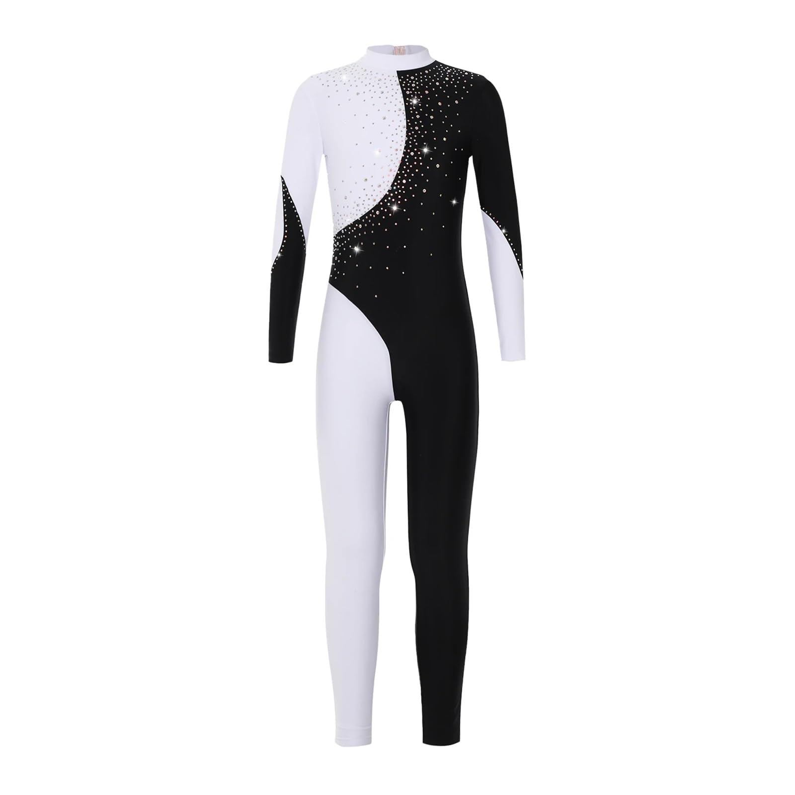 Justocorp De Gym Fille Combinaison de gymnastique for adolescentes, manches longues, strass brillants, body de gymnastique for patinage sur glace, justaucorps de danse de Ballet(Black White,8)