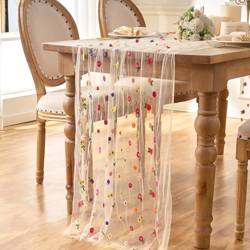 Serento Tischläufer Champagner Beige Besticktes Gänseblümchen Herbstblumenmuster, Saisonal Tüll...