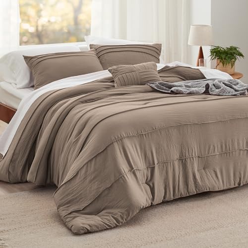 Image of Bedsure Twin Comforter Set - 3 Pieces Pinch Pleat Bed Set, Brown Boho Bedding for All Season, 1 Soft Comforter, 1 Pillowcase, 1 Decorative Pillow