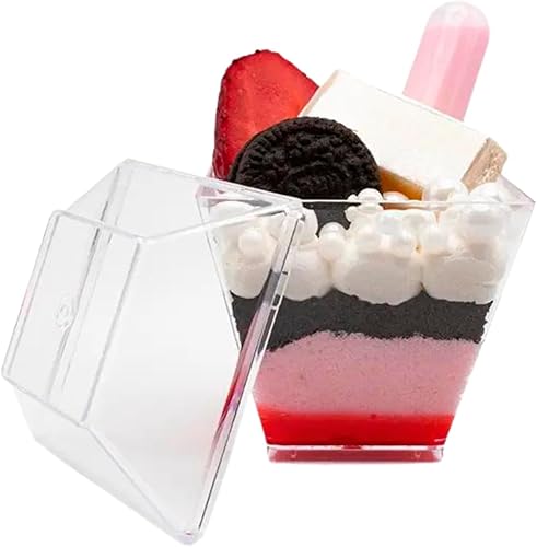 CMJJ - Vasos de plástico para postres de 50 unidades de 2 onzas con tapas de grado profesional reciclables desechables para fiestas y mini