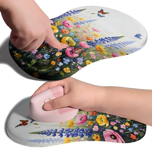 Image of Ergonomic Joint Wrist Support Mouse Pad with Memory Foam Cushion Massage Bump, Carpal Tunnel Pain Relief Mousepad Slope Design for Wrist Rest, 11.8x7.9 in, Wild Flower