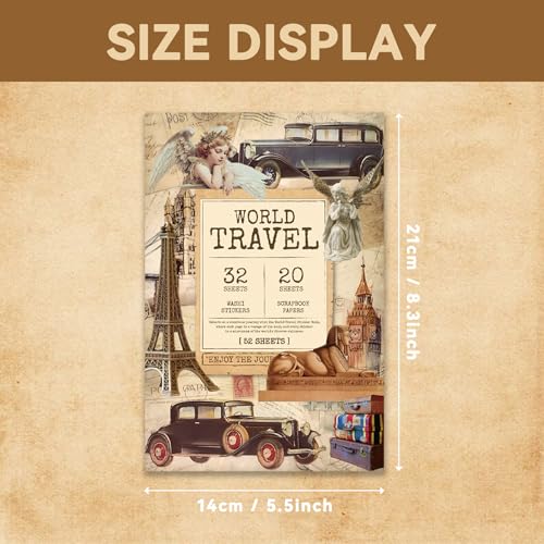 Image of 52 Sheets World Travel Stickers & Scrapbook Paper Set - Vintage Travel Themed for Scrapbooking Journaling Junk Journal Planner - Retro Adventure Stickers for DIY Crafts
