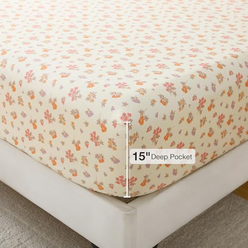 Image of Viviland Floral Twin Sheet Set - 3 Piece Vintage Yellow Boho Flower Patterned Bed Sheets - Soft, Breathable Microfiber Sheets with Deep Pocket, Non-Slip Fitted Sheets & Pillowcases