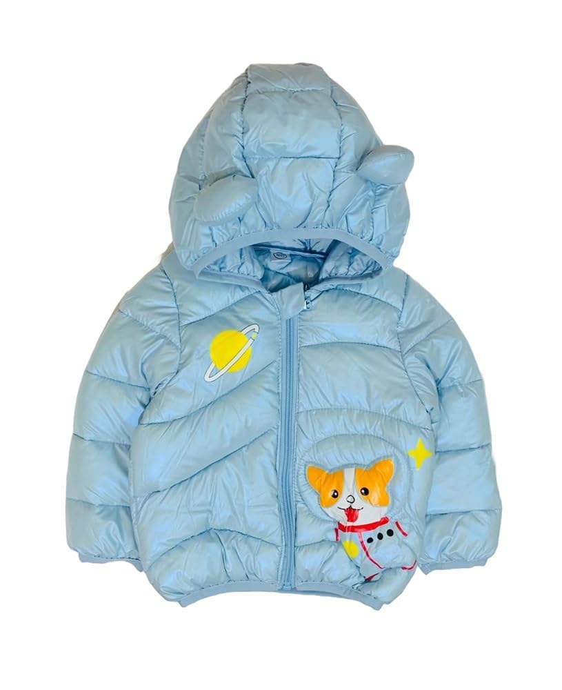 Hengers Of Style Kids Hooded Puffer Jacket, Blue, with Rocket and Cat Applique 3-4 Year