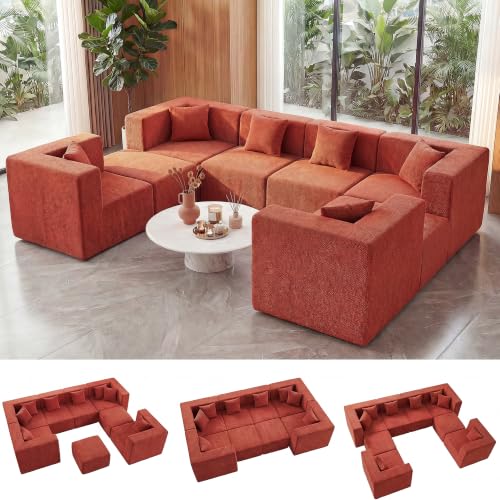 Image of MONVANE Oversized Boneless Sectional Couches for Living Room, 8-Seat Cloud Couch, Modular Sofa with Ottoman & 8 Throw Pillows, Comfy Chenille, No Assembly Required, Red
