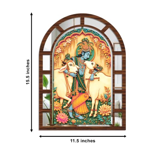 Image of Artvibes Shri Krishna with Cows & Floral Theme Artistic Wall Decor | Decorative Wall Jharokha Mirror for Living Room, Bedroom, Hall, Pooja Room, Lobby & Dining Space | Gift (WHJ 12036N), Set of 2