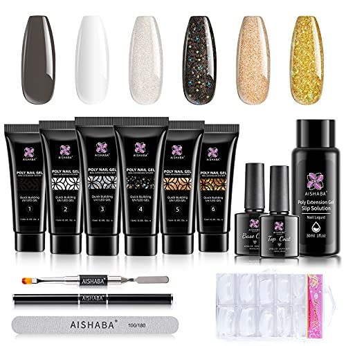 Aishaba Poly Nail Gel Kit Black White Glitter Poly Nail Gel Kit Nail Builder Extension Gel French Manicure Set for Starter with Base Top Coat Slip Solution Nail Art Design for DIY at Home