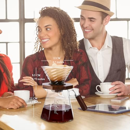 Image of Lalord Pour Over Coffee Maker, 20 oz Borosilicate Glass Set with 100 pcs V60 Paper Filter, Walnut Collar & Glass Lid, Drip Coffee Maker, 1-3 Cups, Clear (B-600 ml Set)