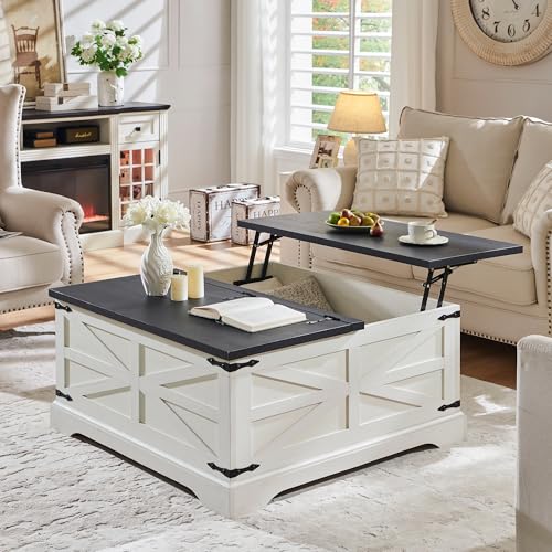 JXQTLINGMU Farmhouse Lift Top Coffee Table with Storage, 36' Wood Square Center Table with Large...