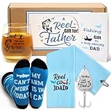 Levfla Father’s Day Fishing Gift Set Fishing Lure Glass Cup Towel Can't Work Today My Arm Is in A Cast Funny Socks Card – Fisherman Gift from Daughter Son Appreciation Present for Dad, Papa Set of 5