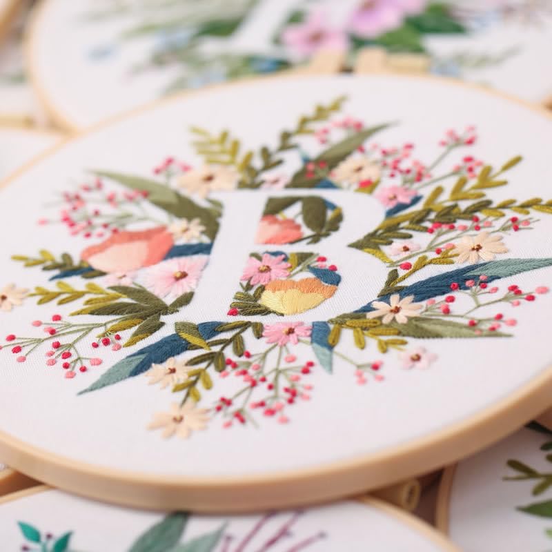 Image of artcici Embroidery Kits Plant Flower Leaf English Letter Patterns for Beginners Adults, Full Range Embroidery Starter Kits Cross Stitch Needlework Supplies (Letter B)