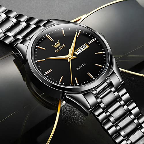 Image of Men's Casual Stainless Steel Watch, Big Face Easy to Read Analog Quartz Watch with Day and Date, Classic Waterproof Diamond Roman Arabic Numerals Dial Dress Watch for Men, Gold Silver Black Band