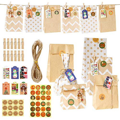 24Pcs Calendario De Adviento Navidad Bolsas De Regalo De Dulces De Papel Kraft Calendario Cuenta Regresiva De Bricolaje Garland Banner Colgante Bolsas Suministros De Decoración De Fiesta De Navidad
