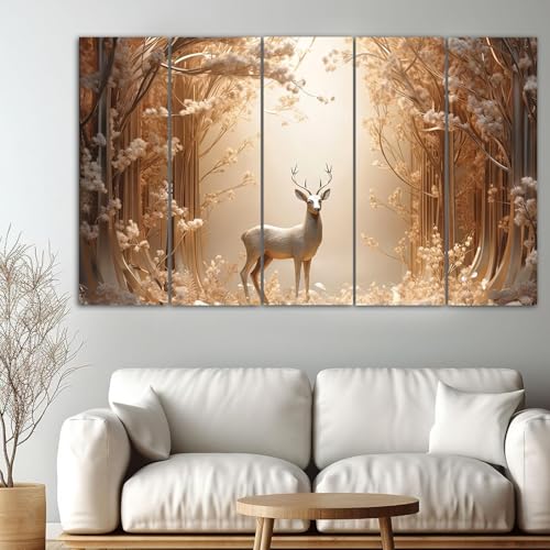 Image of Maxstone Forest with Deer Wall Painting Vastu Painting Living Room,bedroom,Office Multiple 5 Panals,Big Size Wall Decor Painting (30x60 Inch) M1389