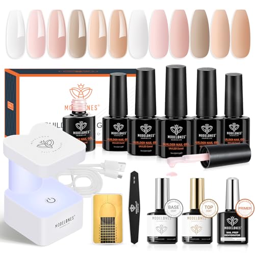 Modelones 8-in-one Builder Nail Gel Kit, 6 Colors All Seasons Nude Builder Gel with Mini Nail Lamp & Forms, Base Top Coat, for Extension Strengthener in a Bottle