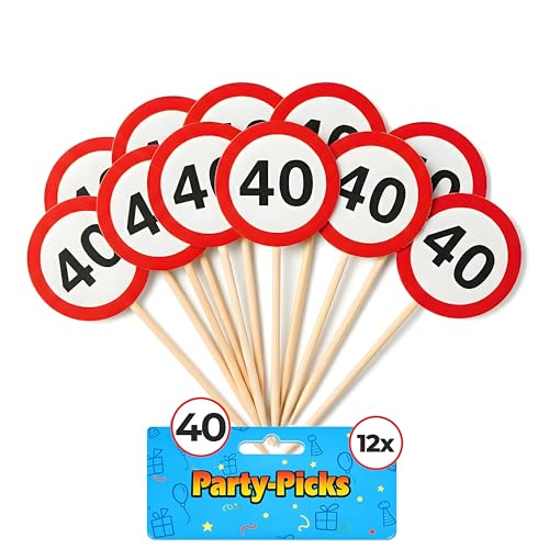Tiwoca decoración para el 40 cumpleaños – 12 Palillos decorativos “40” en rojo y blanco con diseño de señal de tráfico – Decoraciones originales, ideales como regalo para hombre y mujer