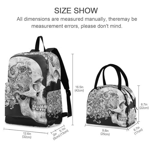 Backpack Lunch Bag Set Art Skull Print, Big Storage Travel Backpacks with Insulated Lunch Box for Office Hiking Picnic2