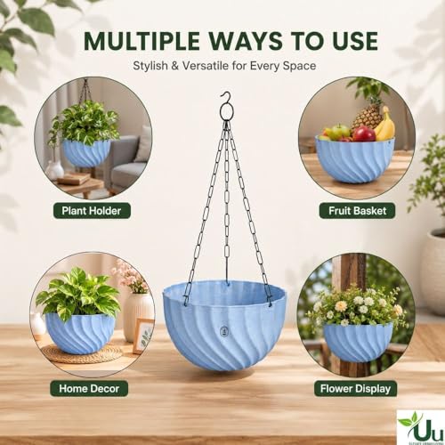 Image of Urban Upvan Hanging Planters with Chain | Uv-Protected Rattan Style Plastic Flower Pots for Balcony, Indoor Plants, Garden, Terrace & Home Decor Multicolour (Set of 5)