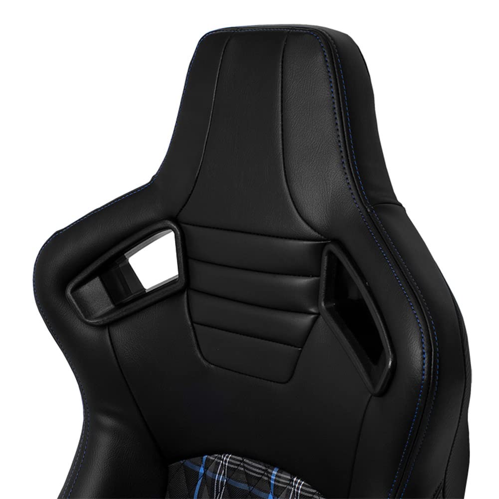 AutoStyle Siège baquet 'GT' - Simili Cuir Noir + Tissu en motif à carreaux Bleu + Surpiqûres Bleu - Dossier réglable - incl. glissières
