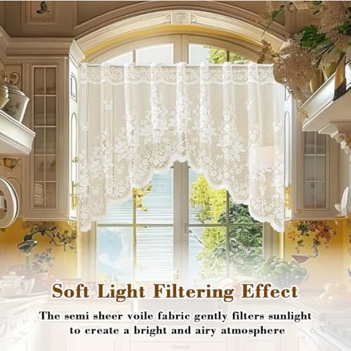 Image of HASTHIP Window Curtain for Kitchen Sheer Lace Floral Embroidered, Semi Door Divider with Rod Pocket Tab Top, Romantic Valance for Kitchen Window Cabinet Room Partition, 160x100cm