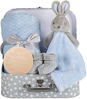Hoolaroo Newborn Baby Gift Set New Baby Hamper Present For Baby Boy Unique Suitcase Memory Box Cute Soft Congratulations Milestone Blue Bunny Comforter Blanket