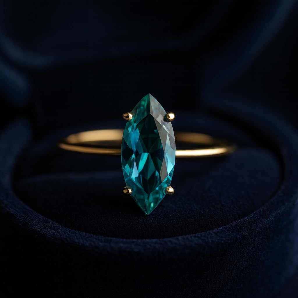Marquise Cut Teal Sapphire Engagement Ring for Women in 14K Yellow Gold Solitaire Minimalist Bridal Ring Modern Promise Anniversary Jewelry Gift for Her