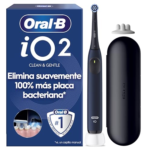 Oral-B iO 2 Cepillo de Dientes Eléctrico Negro Noche, 1 Cabezal, 1 Estuche De Viaje, 1 Portarrecambios, 3 Modos De Cepillado, Sensor De Presión y Temporizador, Diseñado por Braun