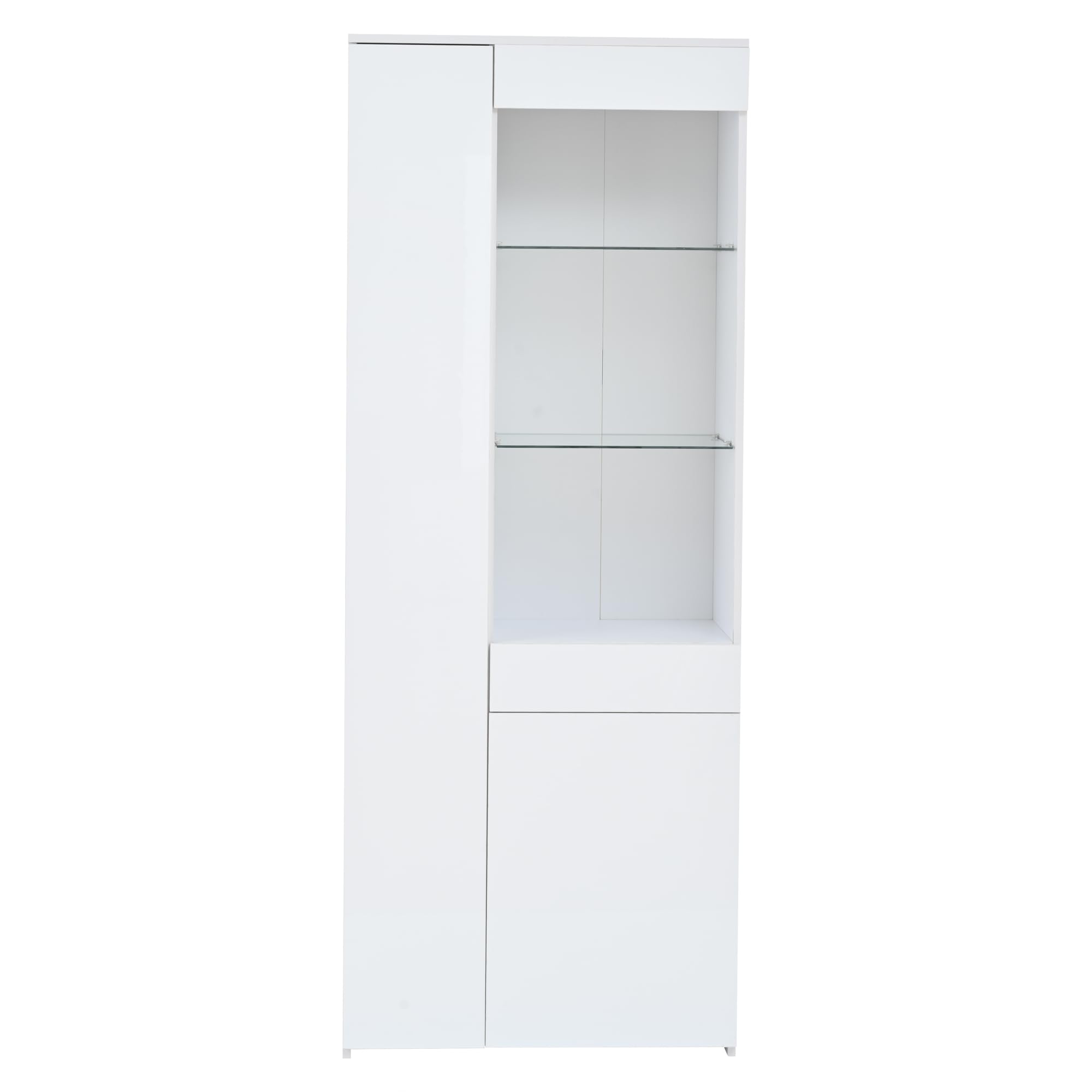 SUKY Vitrina con cajones, 70 x 35 x 180 cm, vitrina de alto brillo, vitrina de cristal con iluminación LED, armario alto con armario, vitrina de pie, almacenamiento en pared divisoria