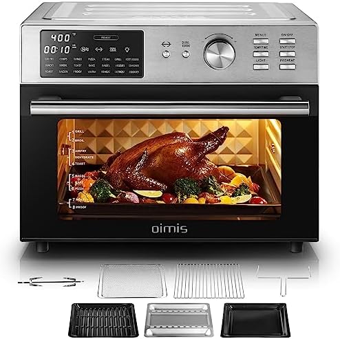 Air Fryer Oven OIMIS,32QT X-Large Air Fryer Toaster Oven Stainless Steel Air Fryer Rotisserie Oven Combo 21 IN 1 Countertop Oven Dual Cook Patented Dual Air Duct System With 7 Accessories 52 Recipes&Manual 1800W