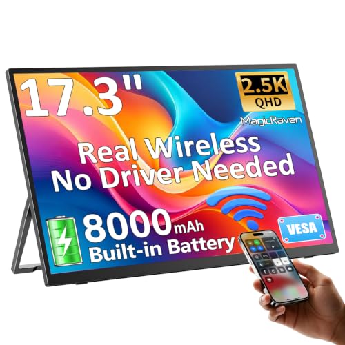Image of 17.3 inch Wireless Portable Monitor for Laptop with Battery, 2.5K IPS | AirPlay & Miracast, Up to 3.5H Battery, Works with Laptop /Phone /Tablet, Auto-Rotation, Second Screen for Travel /Office /Home