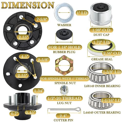 1 Set Trailer Hub Kit 5 Bolt 4.5 for 3500 lb Trailer Axle Bearing Kit Boat Trailer Hub 5 Lug with Extra Trailer Dust Caps and Rubber Plugs for #84 Spindle 1-1/16\'\' to 1-3/8\" Trailer Axles - Thumbnail 2