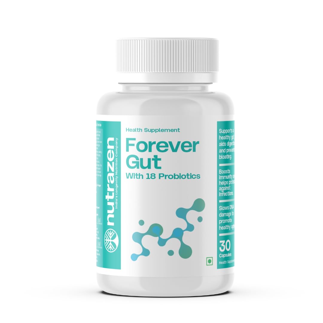 Nutrazen Forever Gut Probiotic | 45 Billion+ CFU | 18 Strains with L-Glutamine & L-Reuteri | Supports Digestive Health, Gut Balance, Immunity | 30 Capsules, 30-Days Dose