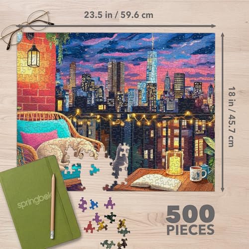 Springbok Cozy Nights & City Lights Rompecabezas de 500 Piezas para Adultos – Paisaje Urbano desde Azotea Acogedora – Póster Incluido – Piezas Cortadas Únicas – Hecho en USA miniatura 4